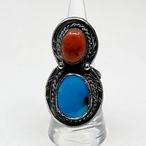 Steven Apachito Navajo sterling silver turquoise & coral ring - GM121
